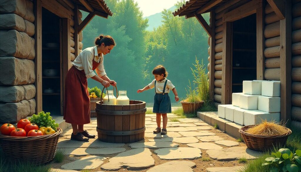 showing how people kept food cold before refrigerators. In the foreground, a rural family lowers jars of milk and butter into a wooden bucket tied with rope, lowering it into a deep stone well.