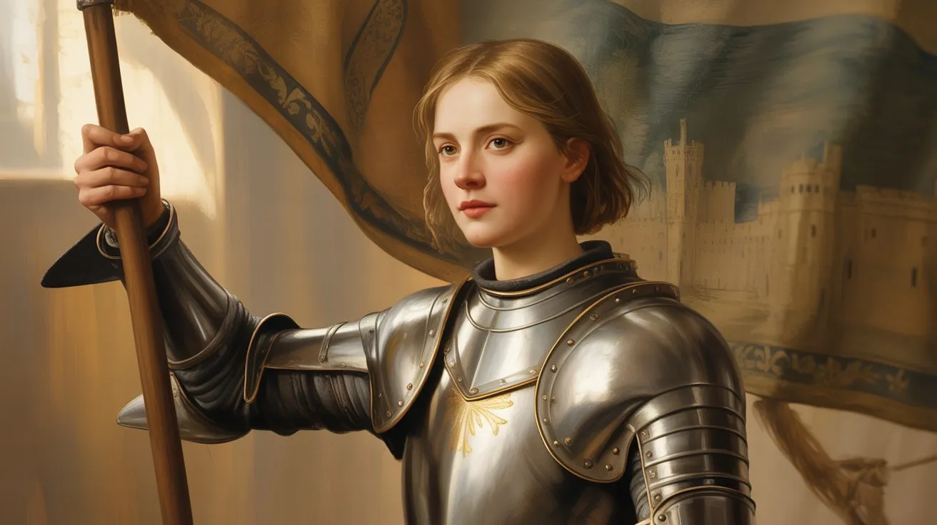 Joan of Arc biography: her visions, military role at Orléans, trial, execution, rehabilitation, and lasting legacy. "Joan of Arc in armor holding a banner, dramatic 19th-century style oil painting reproduction.