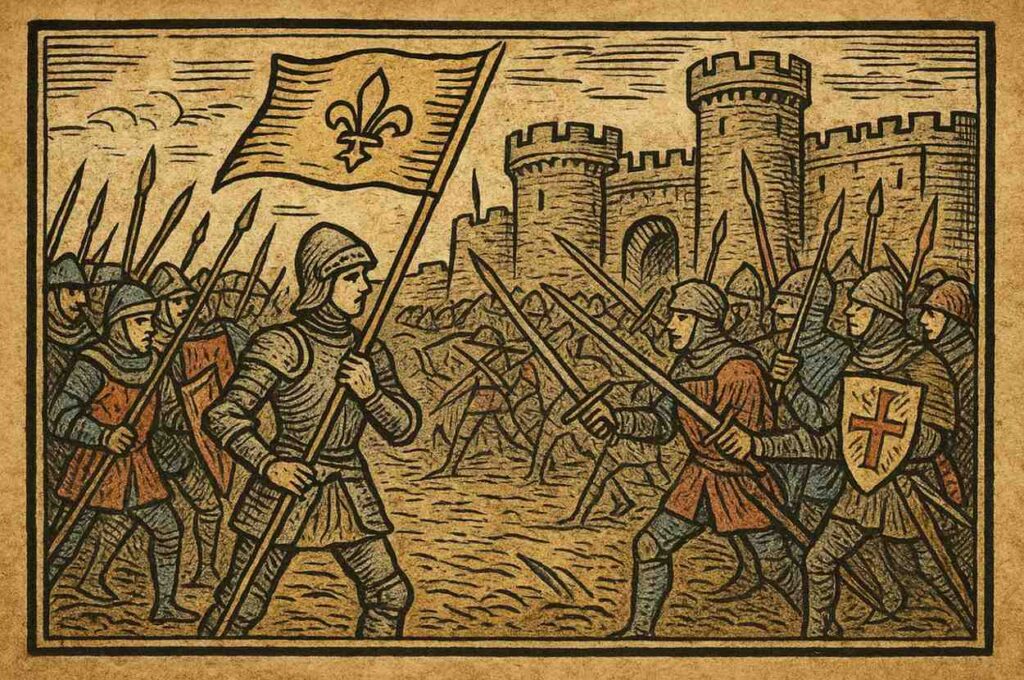 A medieval woodcut-style illustration depicting the Siege of Orléans (1429) Include Joan of Arc in armor.