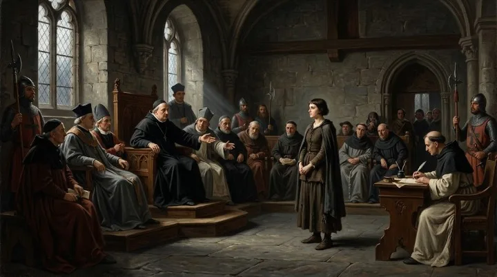 Painting of Joan of Arc standing trial before clergy in Rouen