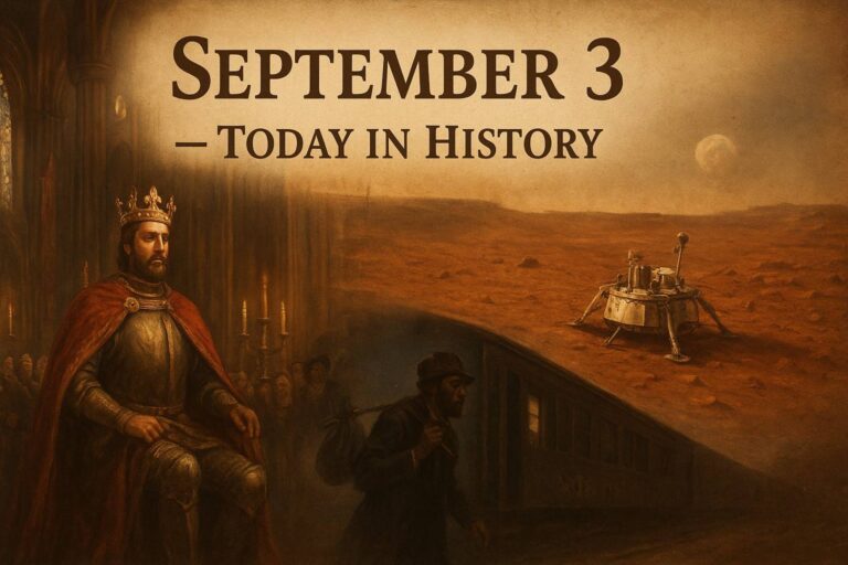 Today in history — September 3 collects crowning moments, desperate flights to freedom, decisive battles, scientific landings, and small technical shifts that rippled into much larger change. From Westminster Abbey to the banks of the Hudson, from battlefields in England to the surface of Mars, this date threads together stories of power, escape, invention, and national beginnings.