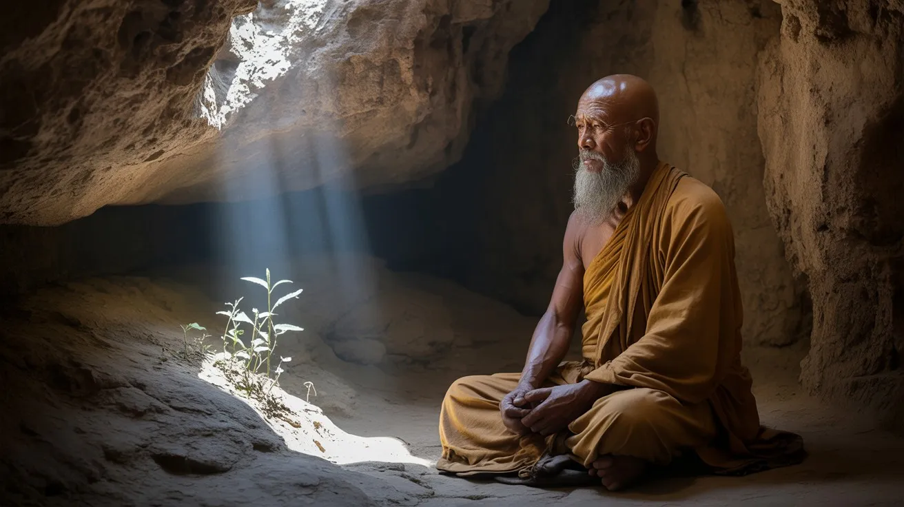 What is the Indian Legend Regarding the Discovery of Tea – Illustration of Bodhidharma meditating on a misty Himalayan hillside, mystical tea plants growing from his discarded eyelids,