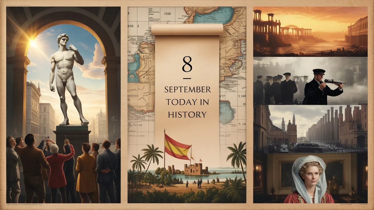 Today in History — September 8 stitches together artistic triumphs, colonial foundations, wartime endurance, and modern media and cultural turning points. Across centuries the date ties Michelangelo’s marble to catastrophic storms, sieges that tested cities, and broadcast moments that reshaped popular life.