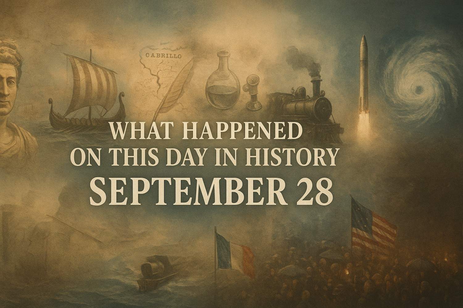 What happened on this day in history September 28 — title image collage showing battles, discoveries, leaders, and cultural milestones