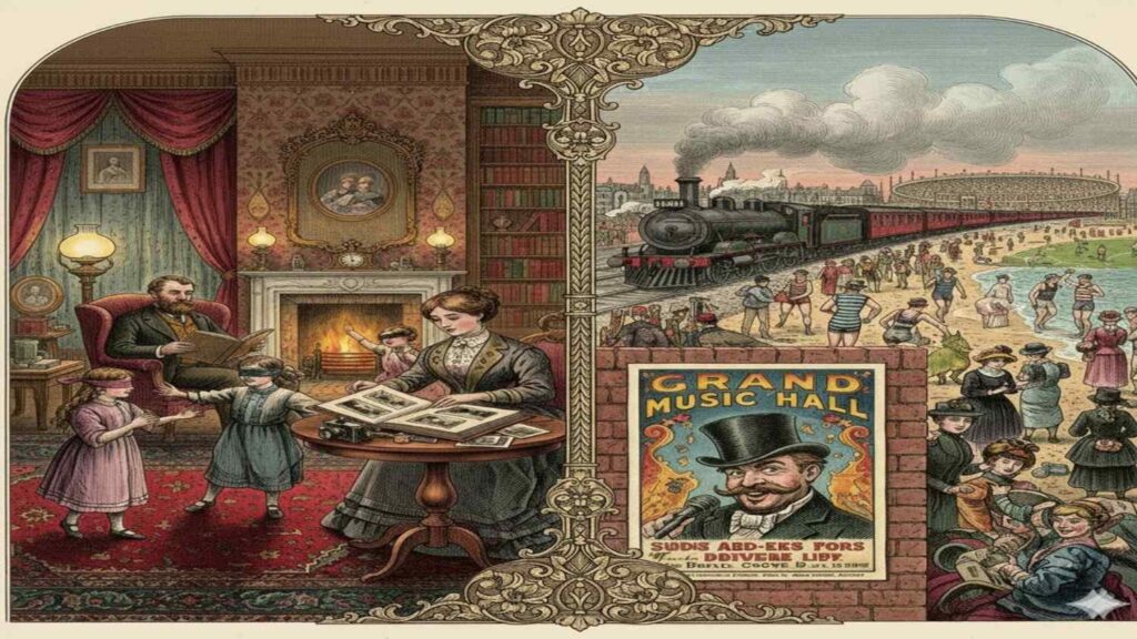 A split-scene illustration in the style of a detailed Victorian engraving, showcasing the two worlds of 19th-century leisure.
