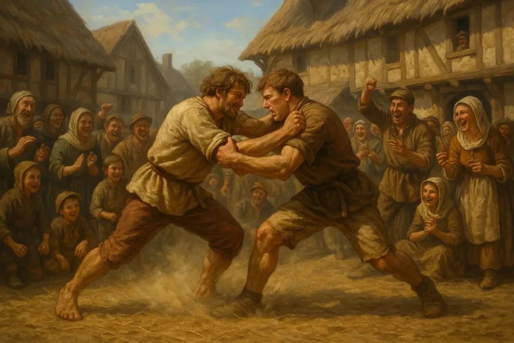 A wrestling match on a sunlit ground during medieval times, with a crowd watching.