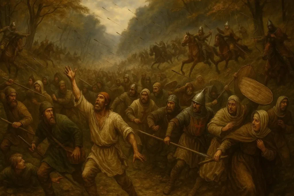 As the crusaders advanced into the narrow valley near Dracon, Kilij Arslan’s Seljuk horse archers unleashed a sudden and devastating ambush. The sky darkened with arrows, panic spread through the ranks, and the People’s Crusade found itself trapped and overwhelmed in a deadly storm of precision and chaos.