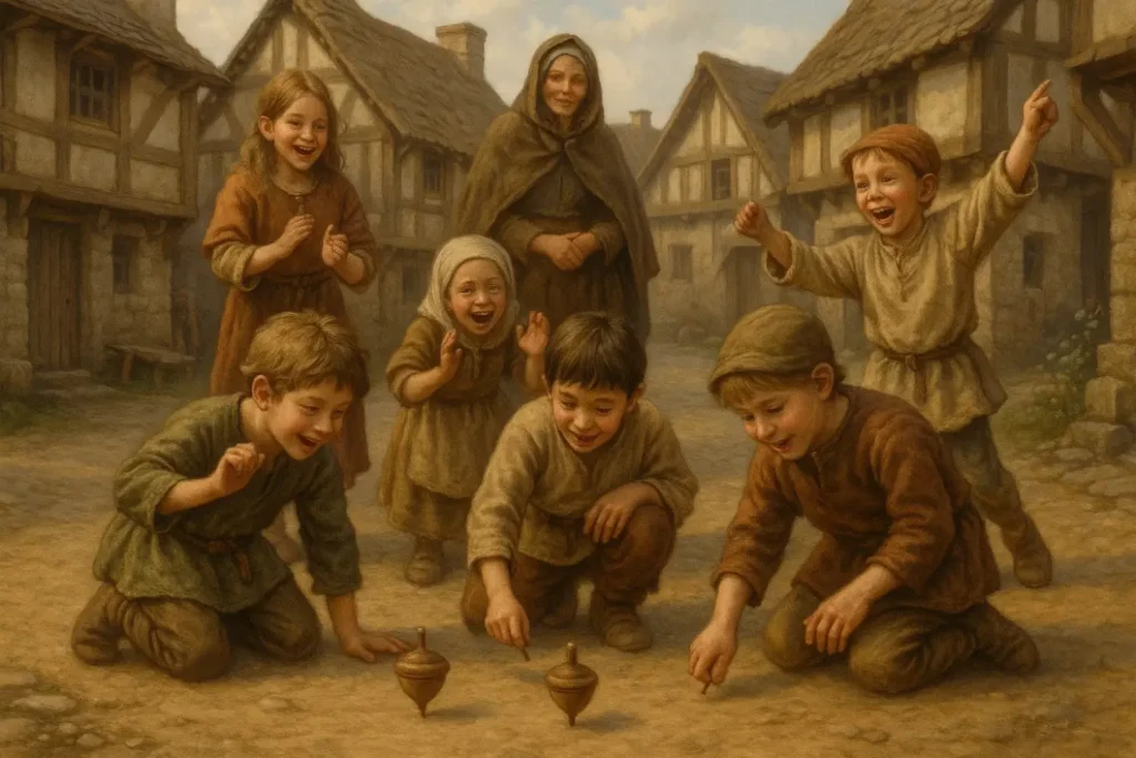 Medieval children playing with wooden spinning tops on a village street, surrounded by simple houses and warm daylight, capturing everyday life and childhood fun in the Middle Ages.