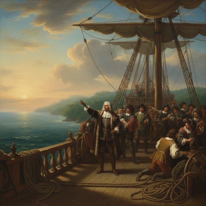 A flat-style illustration of Christopher Columbus on his second voyage, standing on the deck of a simple wooden ship as he sights the coastline of Puerto Rico.