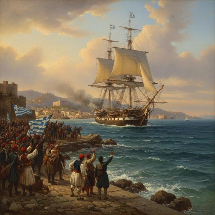 An oil-painting depiction of the Greek frigate Hellas arriving at Nafplion in 1826.