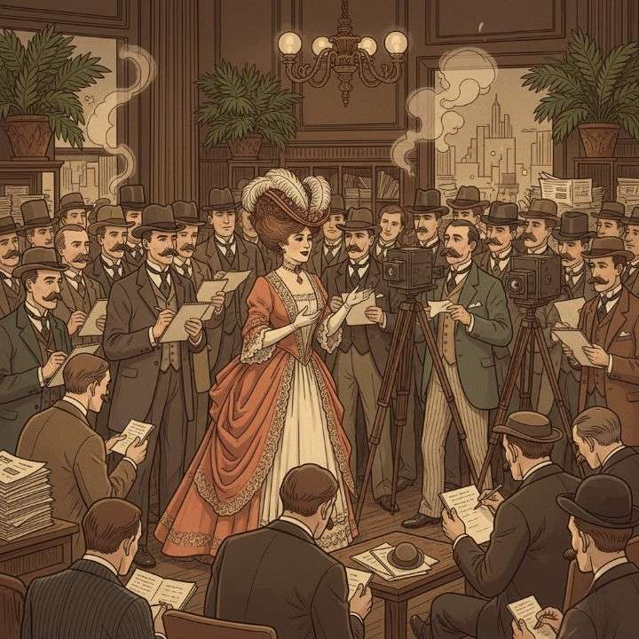 Sarah Bernhardt addressing the American press in New York, 1900, elegant French actress in period costume, reporters with notepads and early cameras, bustling pressroom atmosphere, gaslit interior with detailed period decor