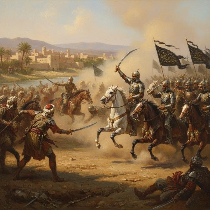 A dramatic medieval battlefield along the Orontes River near Hama, bathed in the warm, dusty light of a Levantine afternoon.