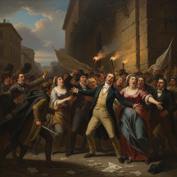 Assassination of Pellegrino Rossi in Rome
A crowded 1848 Roman street outside the Palazzo della Cancelleria, tense with revolutionary energy. Pellegrino Rossi, an Italian statesman in formal 19th-century attire, is struck by an assassin emerging from the crowd.