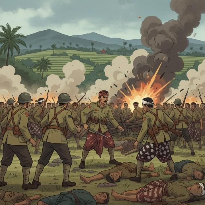 A dramatic battlefield scene during the 1946 Battle of Margarana in Indonesia, Dutch soldiers clashing with Indonesian nationalists, smoke and chaos around, fallen soldiers,