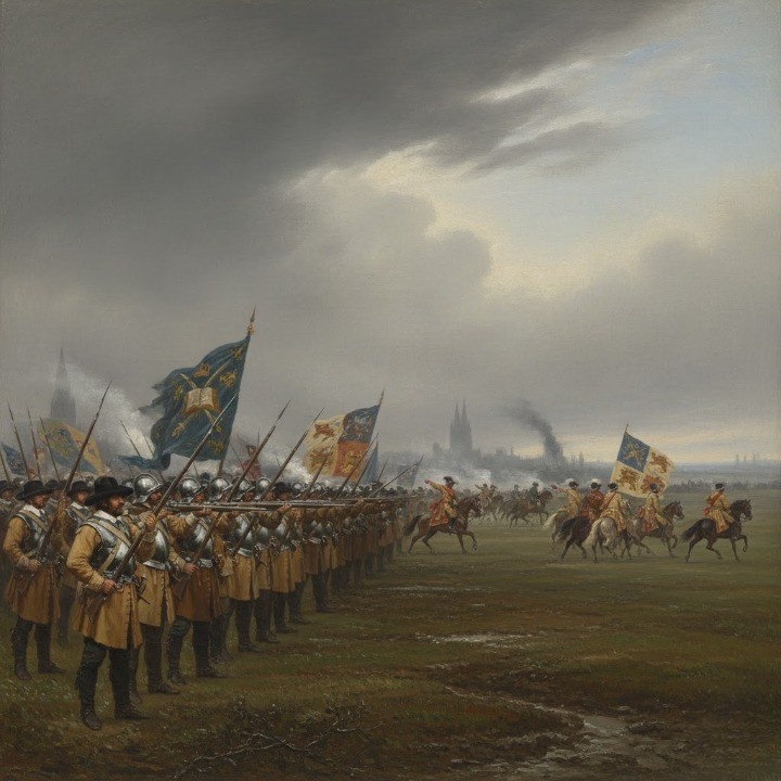 An oil-painted, 17th-century battlefield scene under cold gray November skies near Turnham Green, west of London.