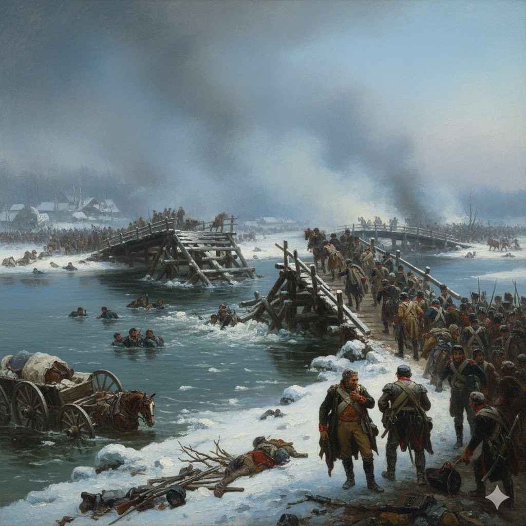 Epic oil painting of the 1812 Battle of the Berezina during Napoleon’s retreat from Russia.