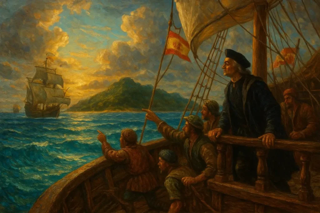A vivid oil-painted maritime scene set in 1493, showing Christopher Columbus aboard his ship as he sights the island of St. Martin during his second voyage.