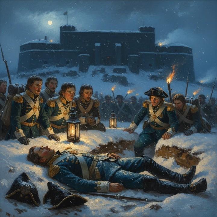 A somber winter battlefield oil painting, outside the fortress of Fredriksten, shrouded in icy twilight. King Charles XII of Sweden lies fallen near the trench line, his blue-and-gold Carolinian uniform dusted with snow, his expression calm yet resolute.