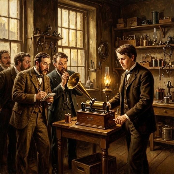 A richly detailed 19th-century interior lit by warm lamplight, showing Thomas Edison unveiling the phonograph for the first time.