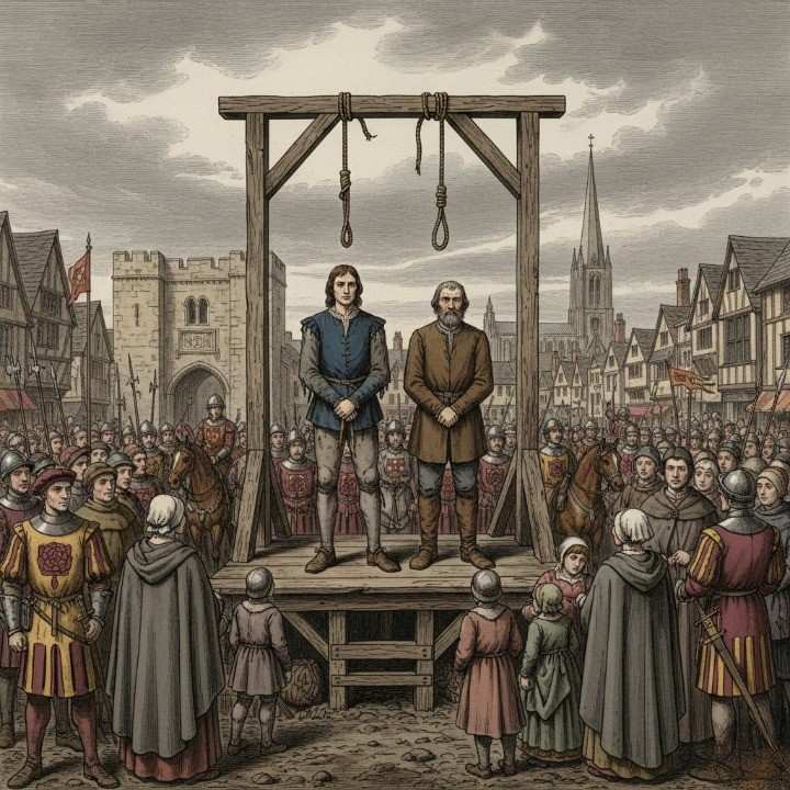 A dramatic late-medieval execution scene set in 1499 England. Perkin Warbeck, dressed in worn noble garments that hint at his former pretender status, stands on a wooden gallows beside John Atwater.