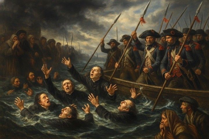 "A dark, dramatic painting scene along the Loire River during the French Revolution, 1793. A group of ninety Roman Catholic priests, dressed in traditional clerical robes, are being forced onto boats by revolutionary soldiers.