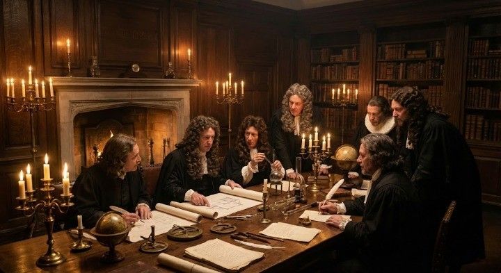 A grand 17th-century chamber inside Gresham College, lit by warm candlelight and a glowing hearth.