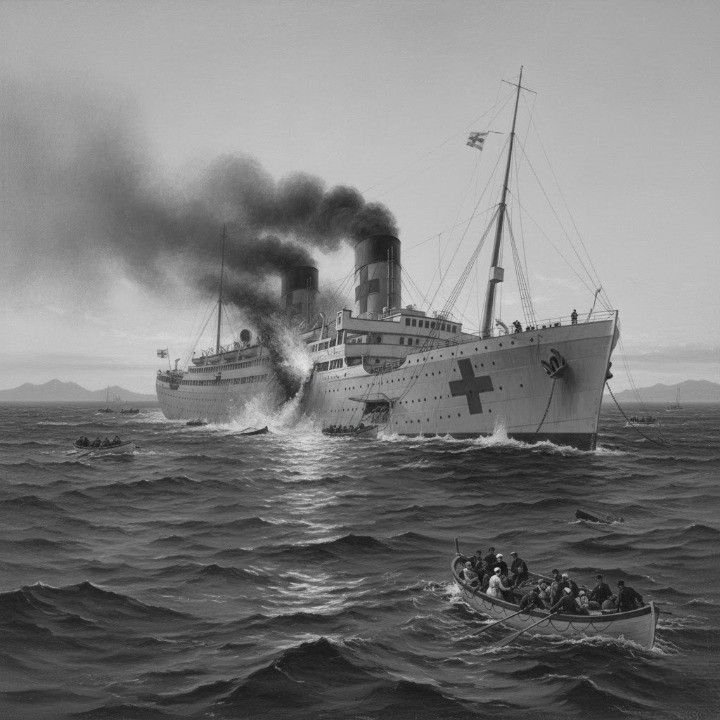 A World War I hospital ship, HMHS Britannic, painted white with large red crosses, listing sharply in the Aegean Sea after striking naval mines.