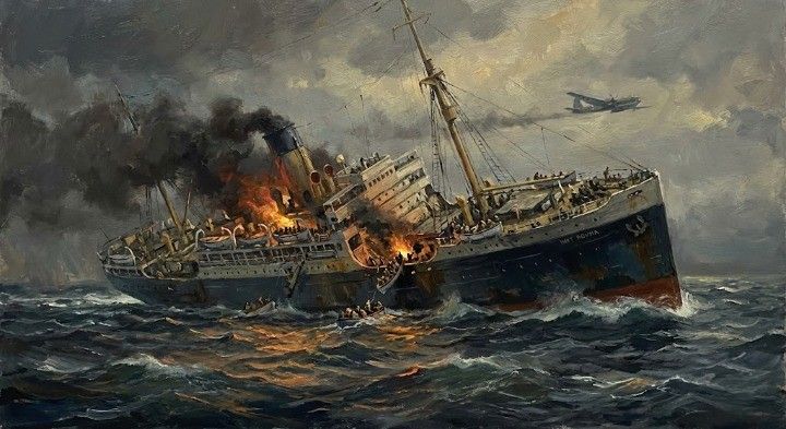 Dramatic oil painting of the 1943 sinking of the troopship HMT Rohna in the Mediterranean.