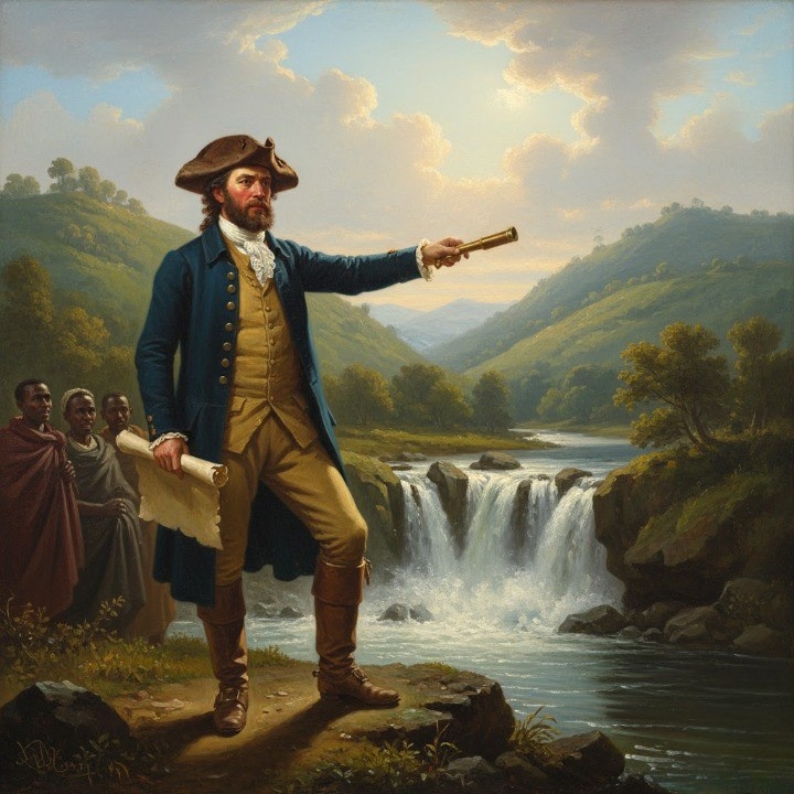 An 18th-century explorer, James Bruce, stands proudly at the headwaters of a river in the Ethiopian highlands