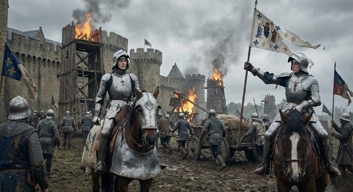 A dramatic medieval battlefield scene depicting Joan of Arc leading the French forces during the unsuccessful siege of La Charité in 1429.
