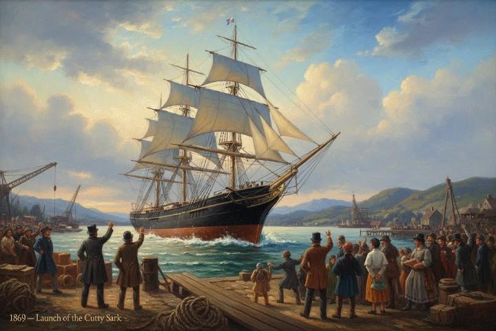 Scene of the Cutty Sark being launched in 1869 at Dumbarton — a newly built, sleek tea-clipper with towering masts and fresh rigging, sliding down the slipway toward the water.