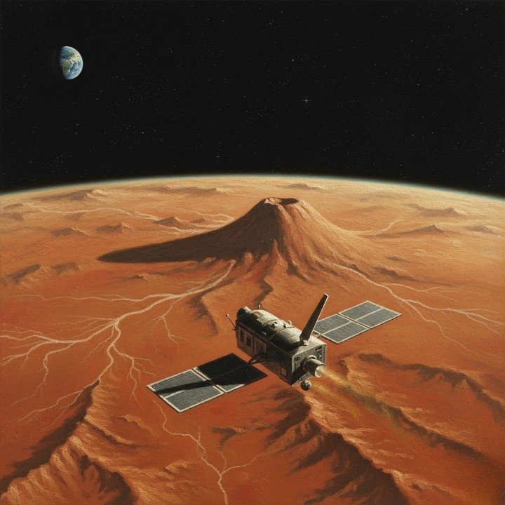 A detailed oil-painted space scene in warm, colorized-by-era tones depicting Mariner 9 entering orbit around Mars (1971)