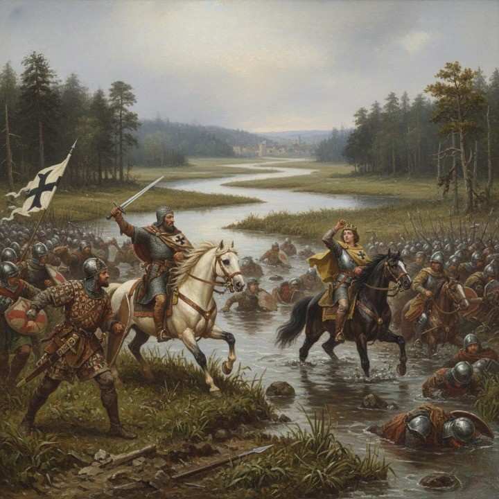 An early-medieval battlefield near Redon in 845 CE, misty Breton marshlands at dawn.