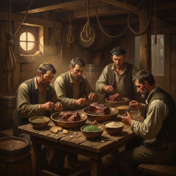 An oil painting of 19th-century sailors sitting around a wooden table in a ship’s galley, eating food.