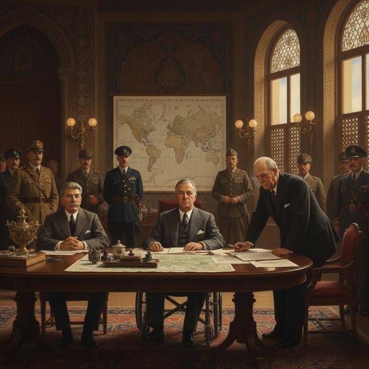 A grand diplomatic chamber in Tehran, 1943. Franklin D. Roosevelt, Winston Churchill, and Joseph Stalin sit together at a polished wooden conference table, maps of Europe and the Pacific spread before them.