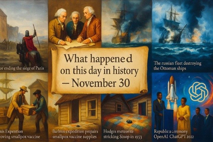 A span of stories stretching from warfront decisions to civic evolution and modern innovation. What happened on this day in history November 30 highlights naval confrontations, public-health progress and defining political transitions.
