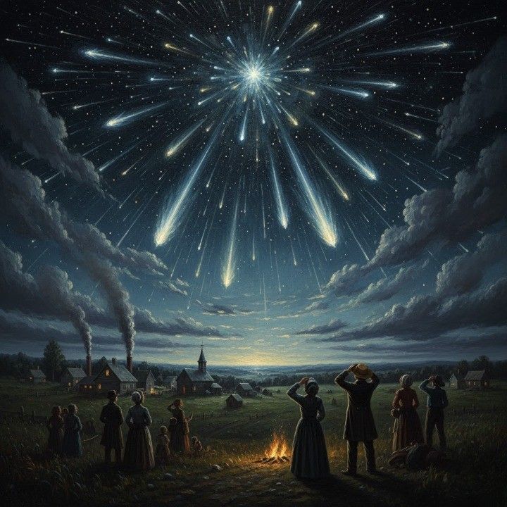 A dramatic 1833 night sky over North America, illuminated by the Great Leonid meteor shower.