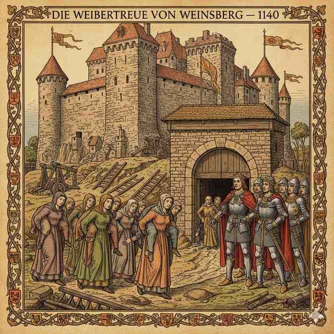 A medieval illustration set in 1140 at the gates of Weinsberg Castle after its surrender to King Conrad III.