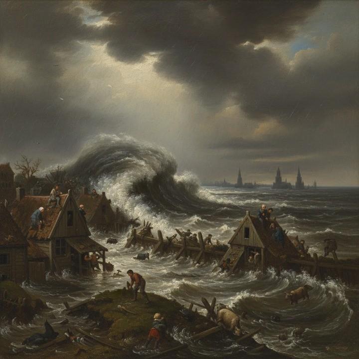 oil painting of 13th-century North Sea storm scene as the St. Lucia’s Flood overwhelms the Netherlands in 1287.