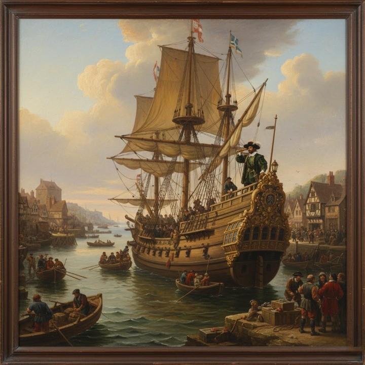 1577, Plymouth Harbor, England; Sir Francis Drake aboard the Pelican (later Golden Hind) preparing for his circumnavigation; sailors loading supplies, hoisting sails, and performing final rigging checks;