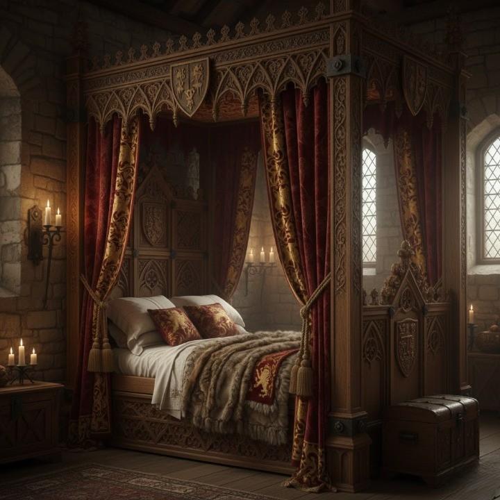 15th-century medieval canopy bed.