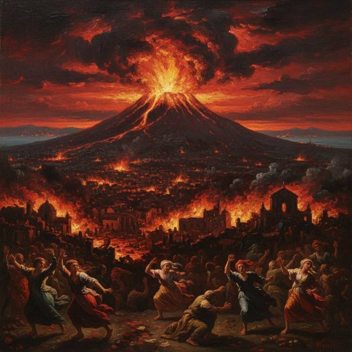 A dramatic oil painting of the 1631 eruption of Mount Vesuvius. The volcano dominates the scene, exploding with fire, ash, and towering black smoke against a blood-red sky.