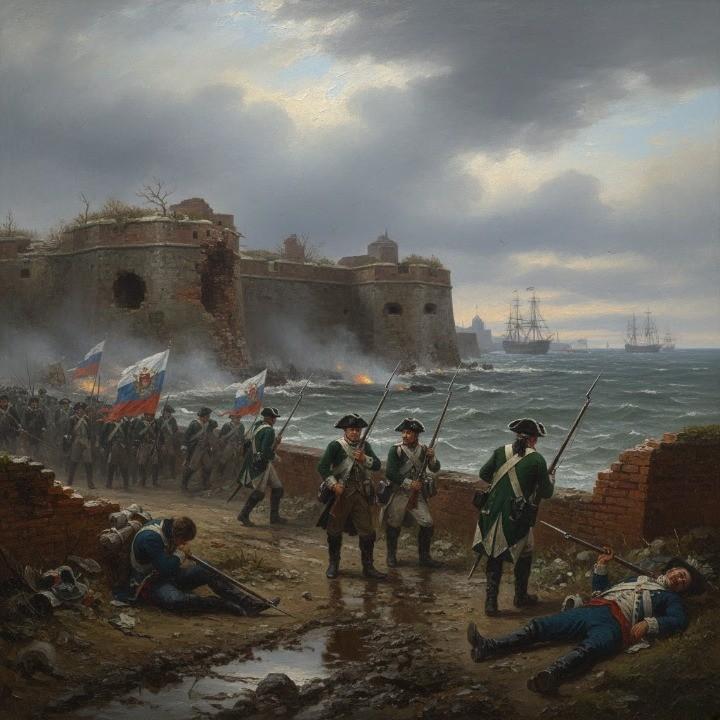 A cinematic oil painting depicting the Fall of Kolberg, 1761. The battered Prussian fortress of Kolberg stands beside the cold Baltic Sea, its walls shattered by artillery fire.