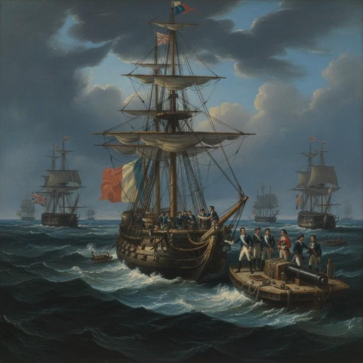 A dramatic late-18th-century maritime oil painting depicting the 1793 surrender of the French frigate Lutine.