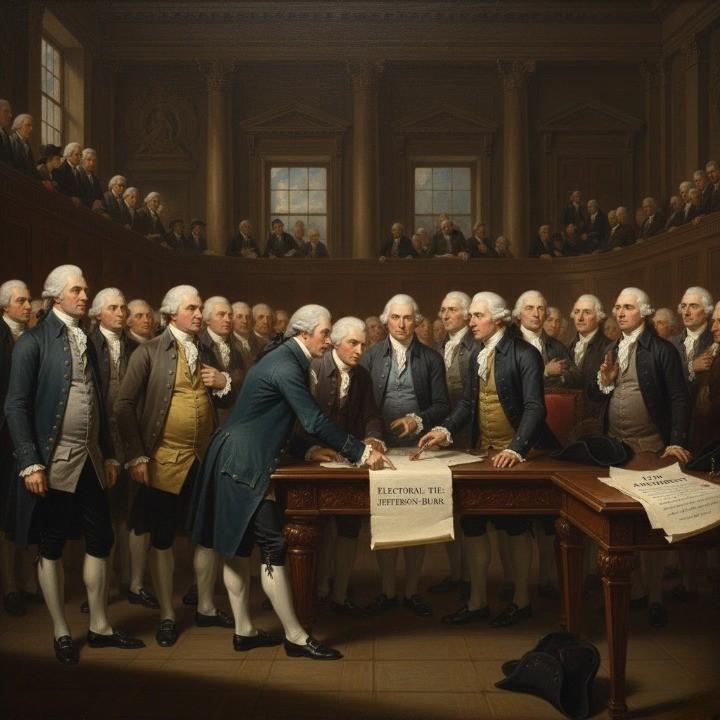 An 1800s American political chamber bathed in warm candlelight, delegates in period coats gathered around tall wooden desks as news of the Jefferson–Burr electoral tie spreads.