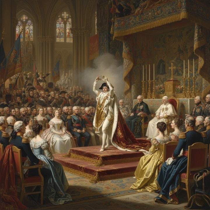 A grand interior illustration of Notre Dame Cathedral during Napoleon’s coronation.