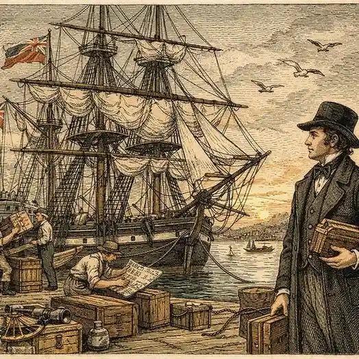 A detailed historical illustration scene of 1831 showing Charles Darwin boarding the HMS Beagle at Plymouth harbor.