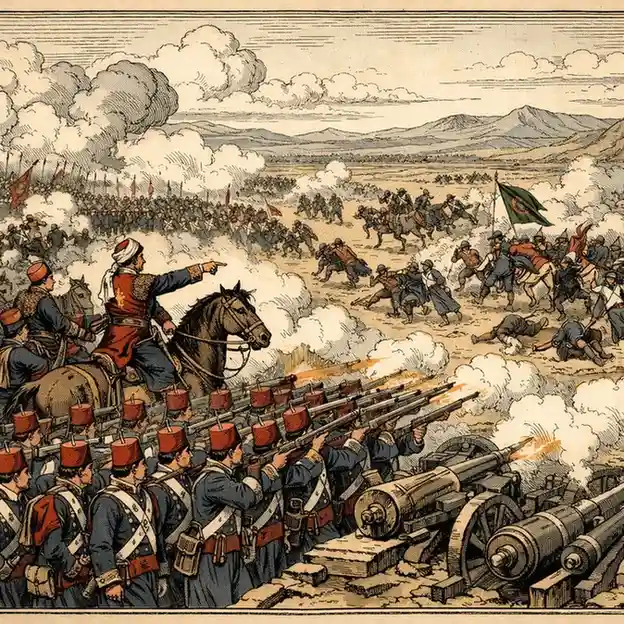 A dramatic historical illustration set in 1832 at the Battle of Konya during the Egyptian–Ottoman War.