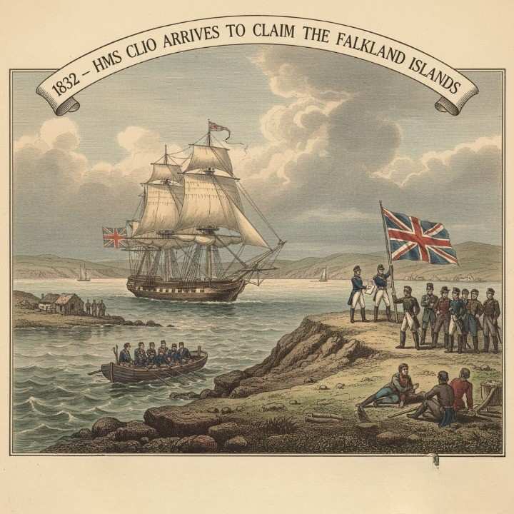 A detailed historical illustration set in 1832 at Port Egmont, Falkland Islands.