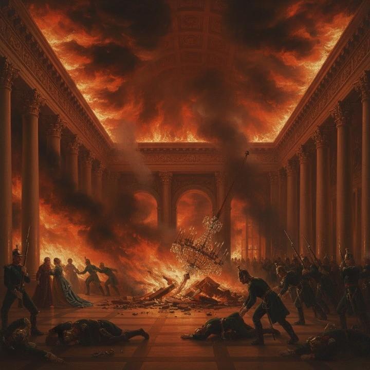 A dramatic 19th-century oil painting scene inside the Winter Palace, Saint Petersburg, 1837.